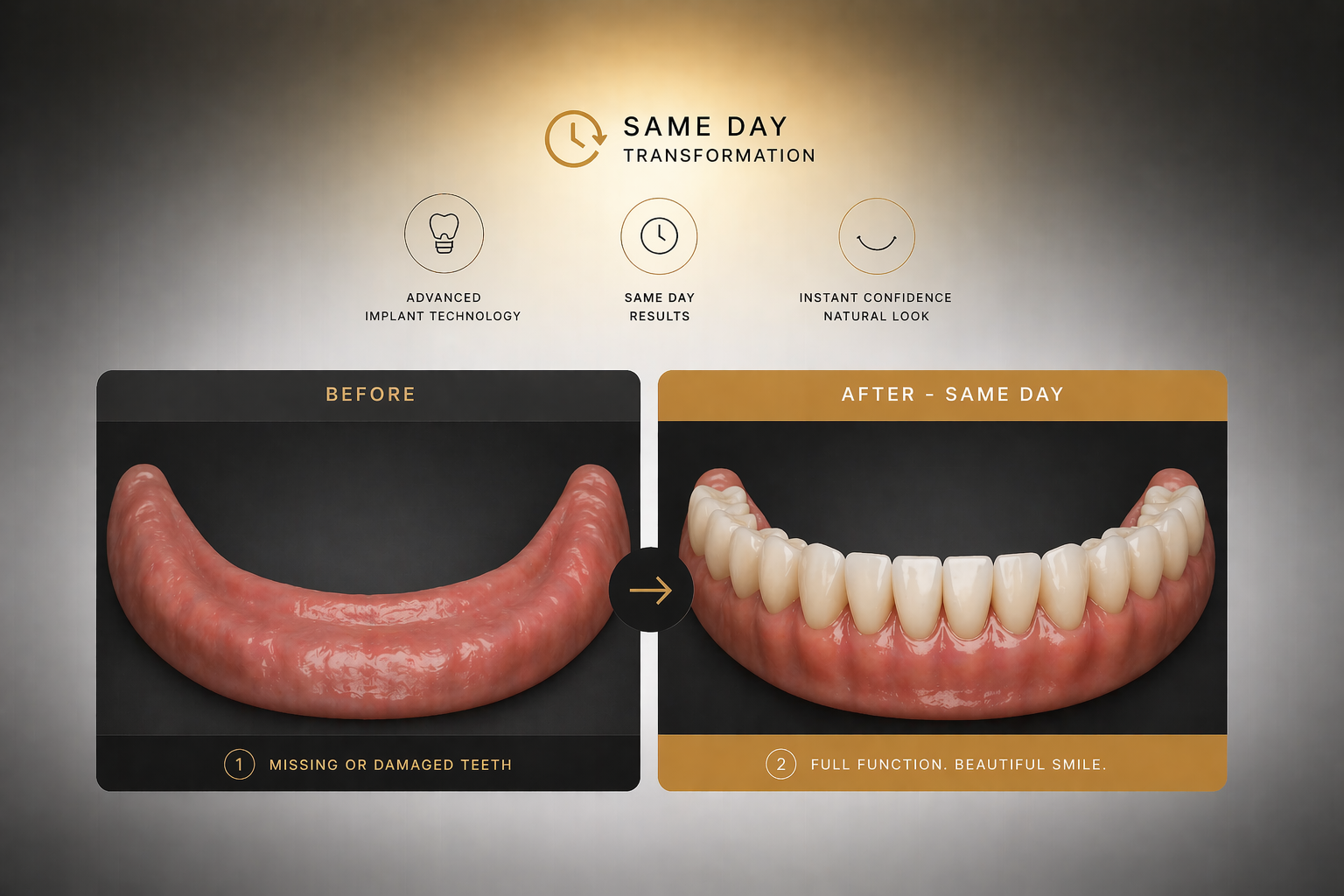 Comparison of a damaged and healed smile. The left side labeled "Before" shows a single missing or damaged tooth. The right side labeled "After - Same Day" shows a full row of healthy, natural-looking teeth, indicating a dental transformation.