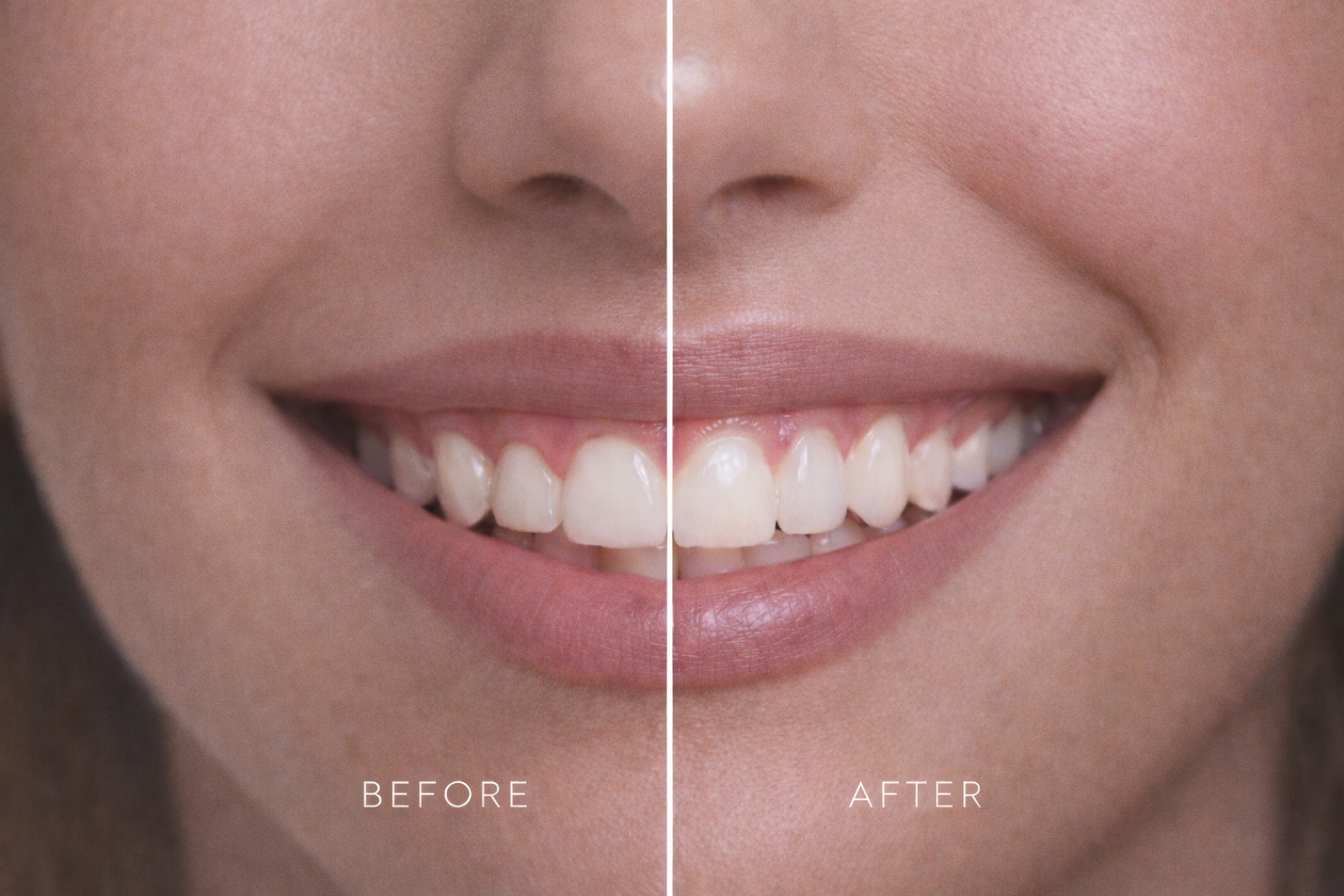Close-up of a smiling woman's face showing a before and after comparison of teeth whitening, with the left side labeled 'BEFORE' and the right side labeled 'AFTER'.