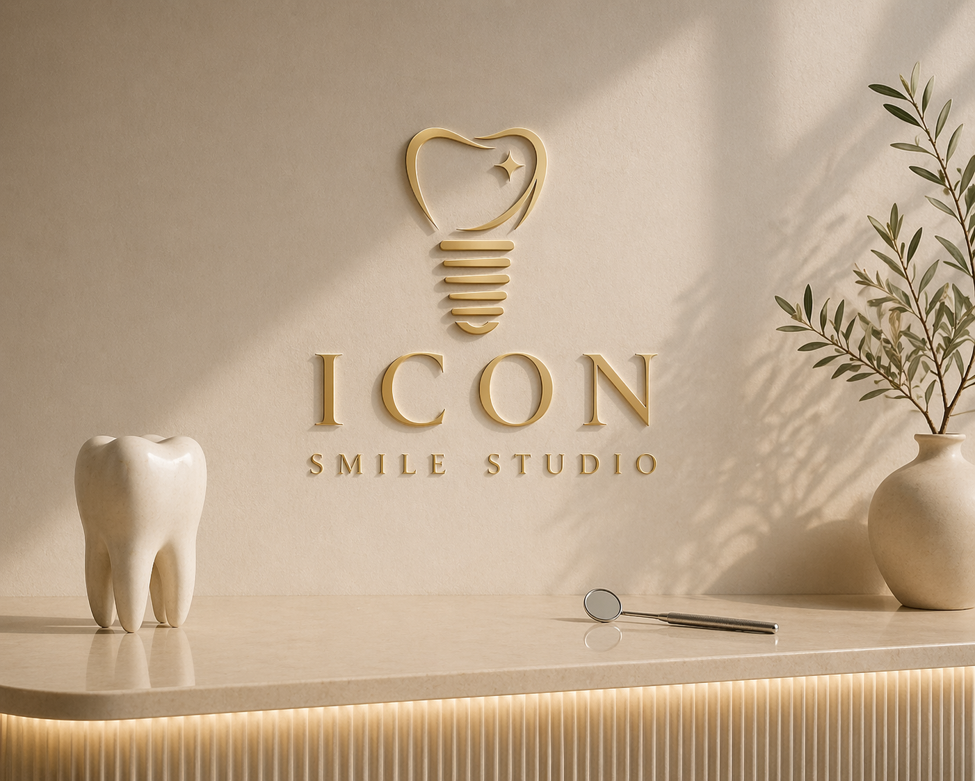 Reception desk at a dental or dental clinic featuring a tooth model, dental mirror, and potted plant, with a gold sign reading "ICON Smile Studio" on the wall.