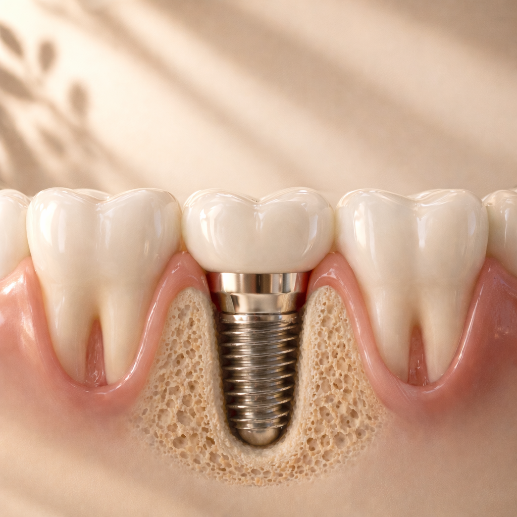 Close-up of a dental implant with a crown on top, placed in the lower jaw, showing surrounding natural teeth and gums.