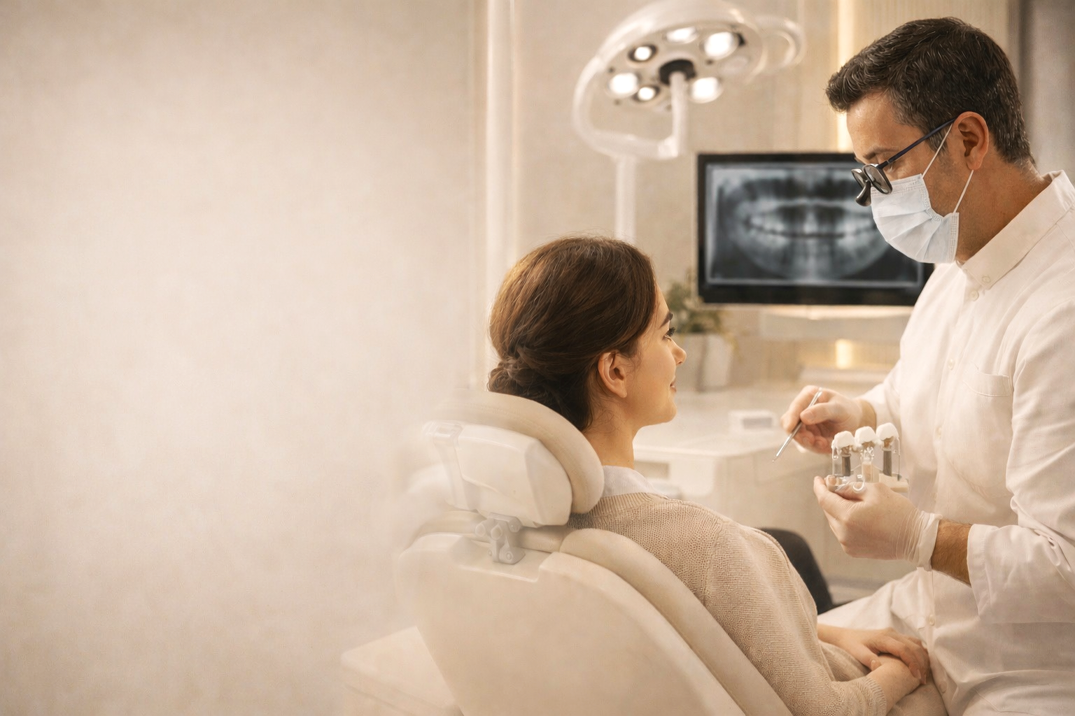 A woman sitting in a dental chair at the dentist's office, speaking with a male dentist wearing a face mask and glasses, holding dental tools. There is a monitor displaying a dental X-ray in the background.