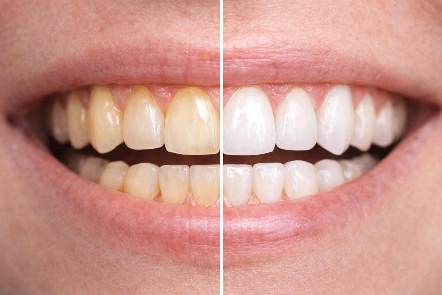 Comparison of teeth before and after whitening, showing a person's smile with visibly whiter teeth on the right side.