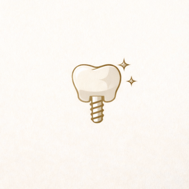 Illustration of a dental implant with a tooth on top and sparkles around it.