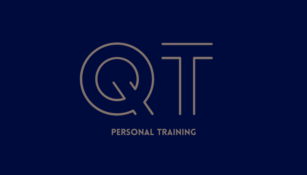 Logo with initials Q and T, and the words Personal Training against a dark blue background.