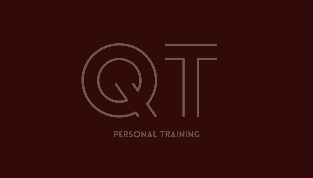 Dark red background with a minimal line art logo featuring a Q and T, and the words "PERSONAL TRAINING" underneath.