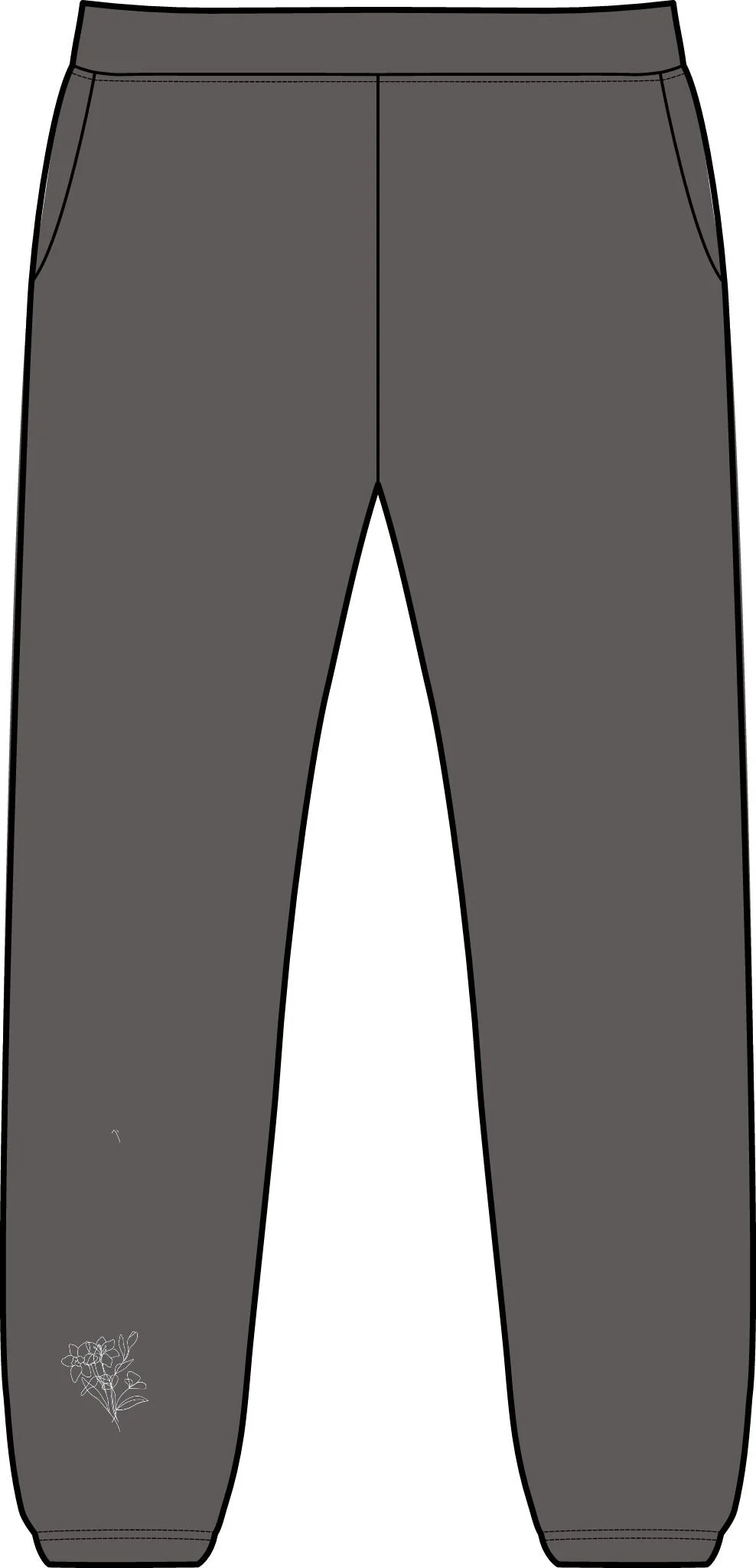 Gray sweatpants with a floral embroidery on the left leg near the ankle.