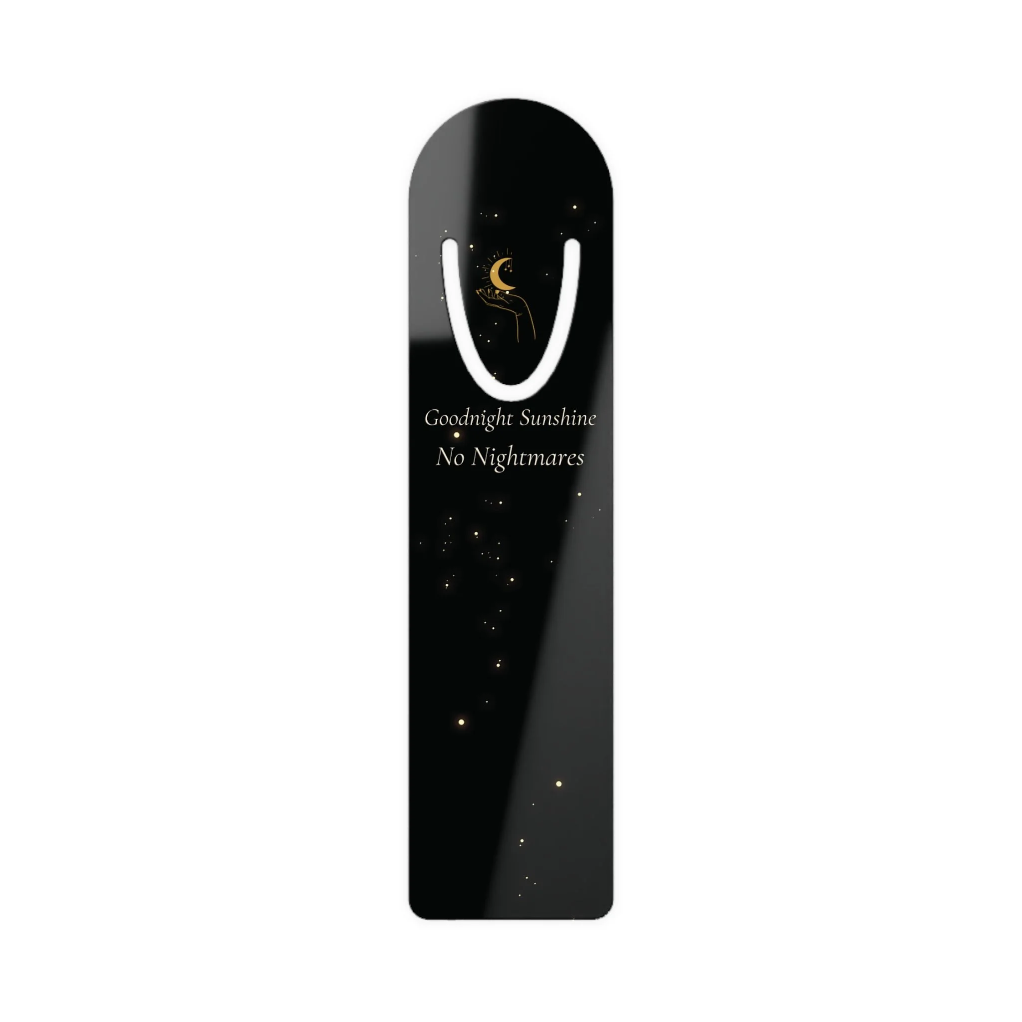 Black eyelash extension packaging with a celestial design, gold crescent moon, and message 'Goodnight Sunshine No Nightmares'.