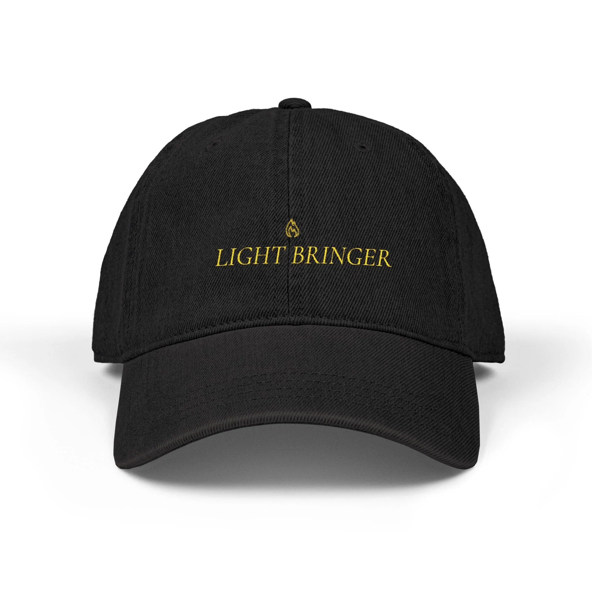 Black baseball cap with yellow embroidered text 'LIGHT BRINGER' and small flame logo on front.