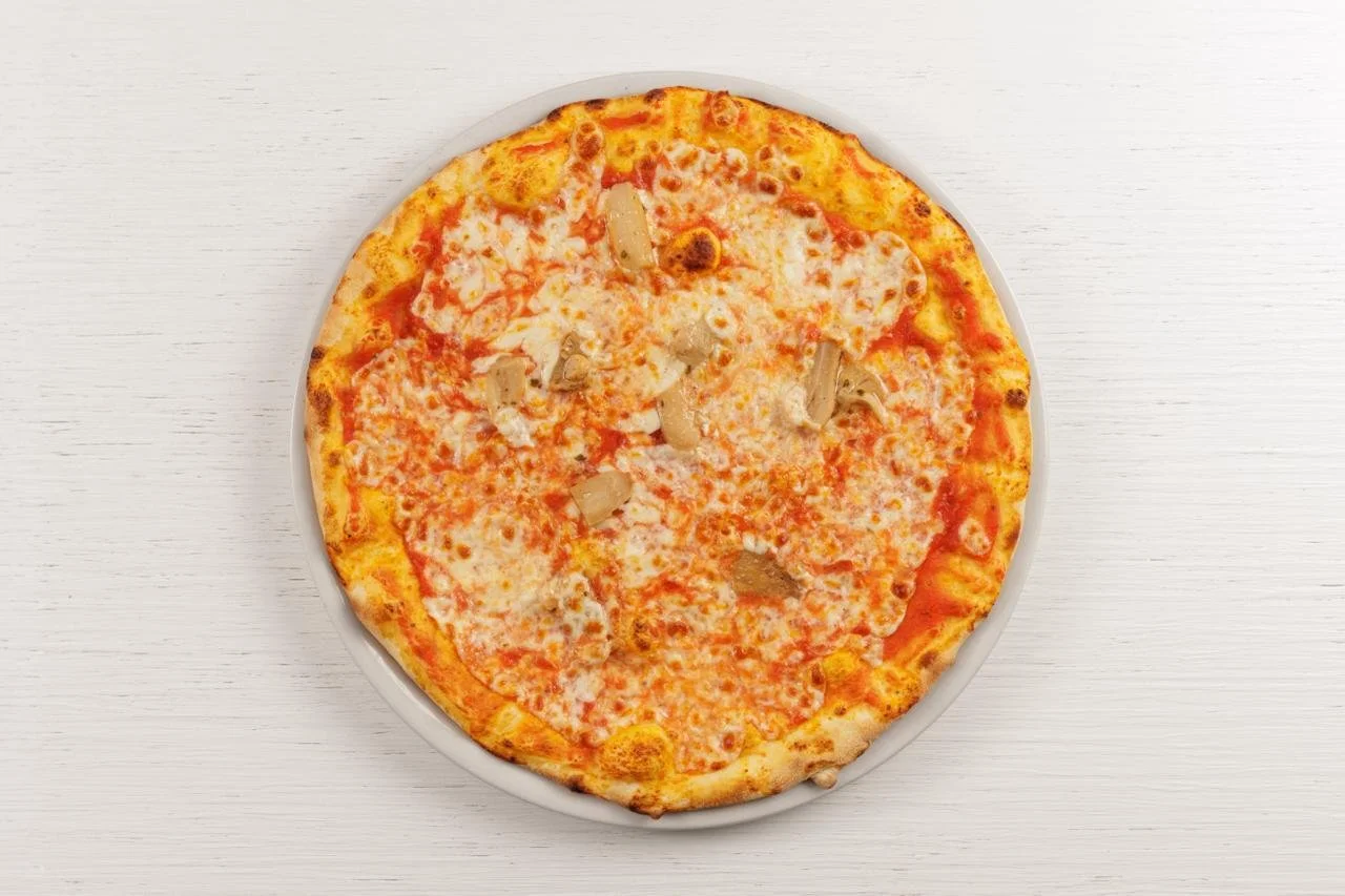 Pizza con mozzarella e pollo su piatto bianco