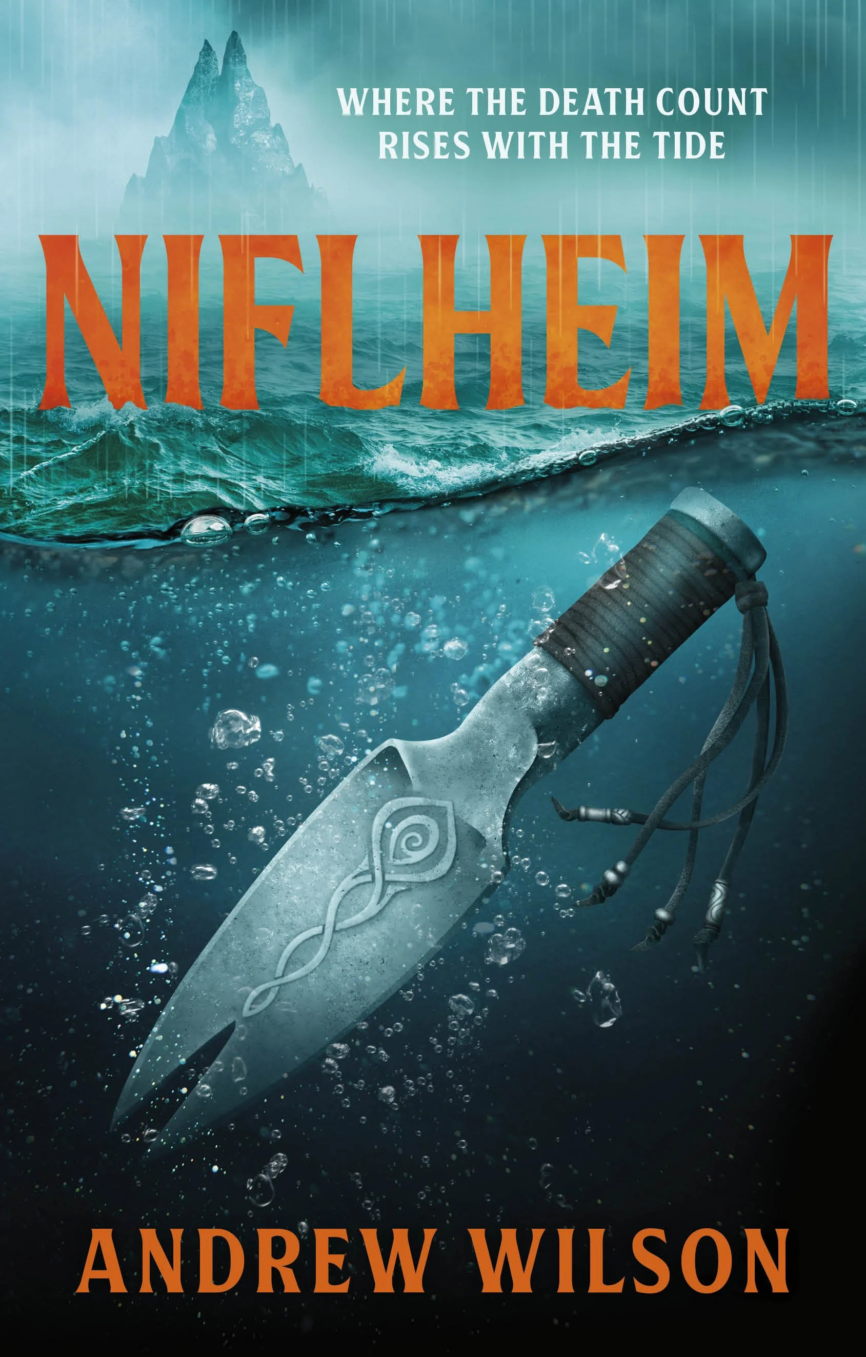 Book cover titled 'Niflheim' by Andrew Wilson featuring an icy sea, a mountain in the background, and a dagger with tied leather cords in the water.