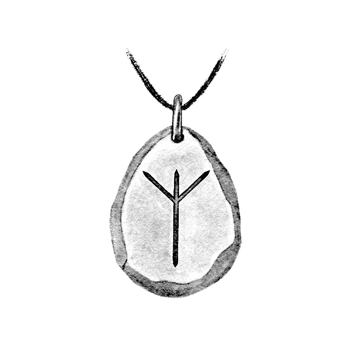 A black and white drawing of a necklace with a flat pendant containing a Norse rune symbol.