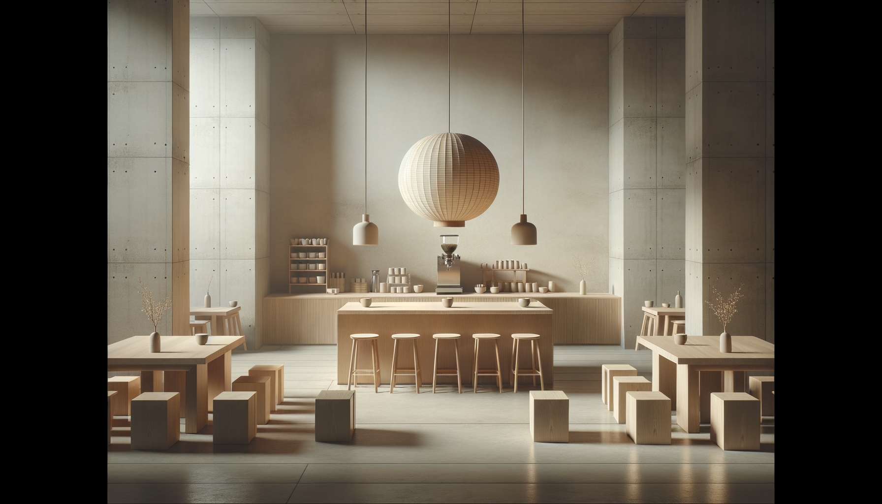 A minimalist cafe interior with light wooden tables, stools, and benches, beige walls, modern pendant lights, and a coffee machine at the center.