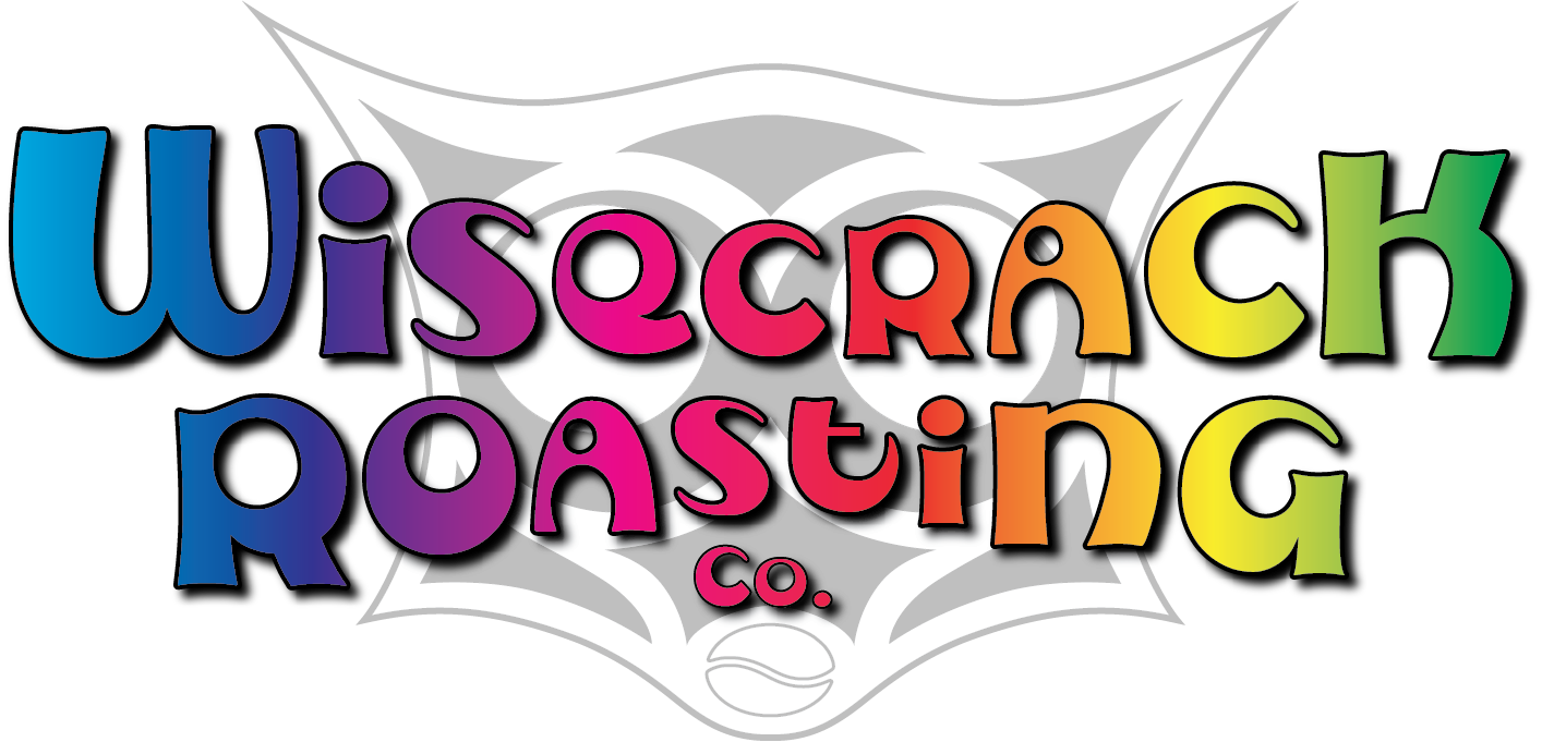 Colorful text reading "Wisecrack Roasting Co." with a cat owl background and a coffee bean icon at the bottom.