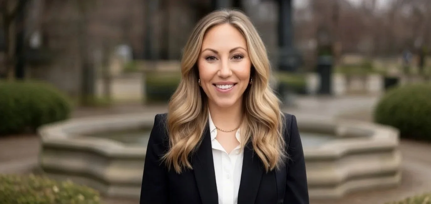 En kvinna med blont, vågigt hår, klädd i svart kavaj och vit blus, ler framför en fontän i en park.