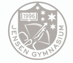 Jensen Gymnasium-logotyp med årtalet 1996, en stjärna, en penna och ett glas, omgivet av namnet.