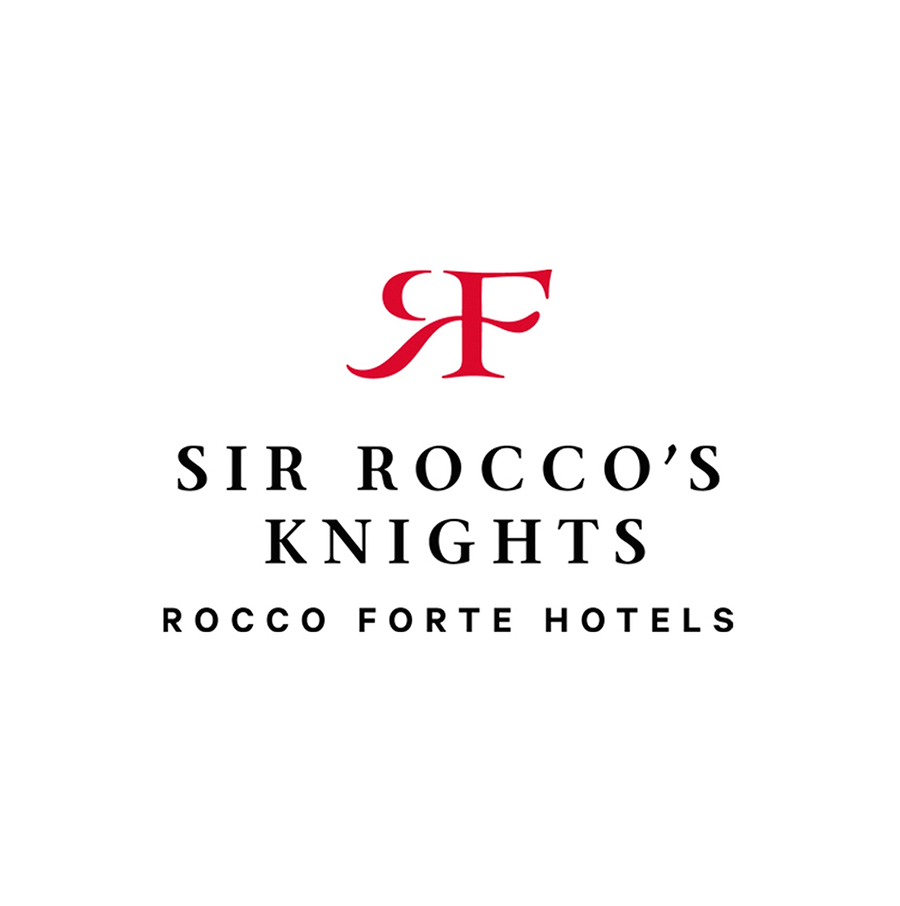 Logo of Sir Rocco's Knights with a red monogram and black text for Rocco Forte Hotels.