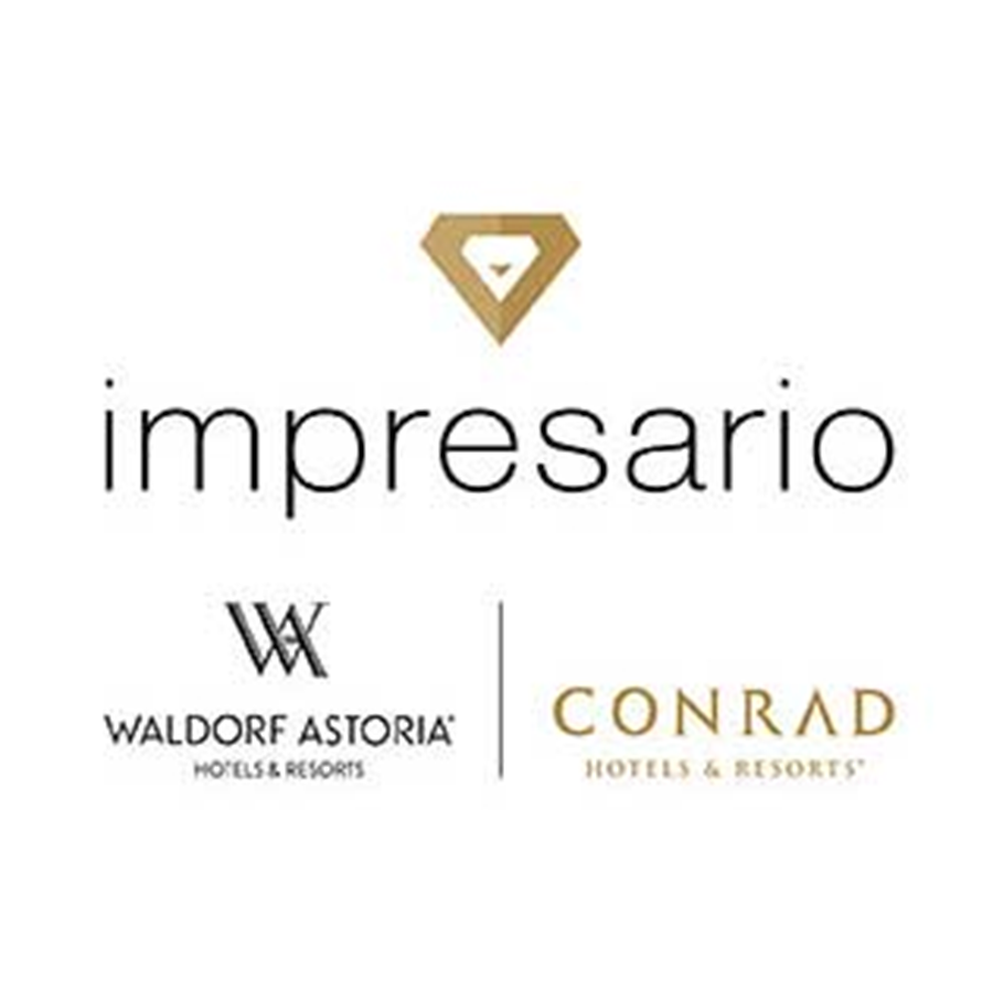 Logo with a gold diamond and heart shape, the word 'impresario' below, and logos of Waldorf Astoria and Conrad Hotels & Resorts at the bottom.