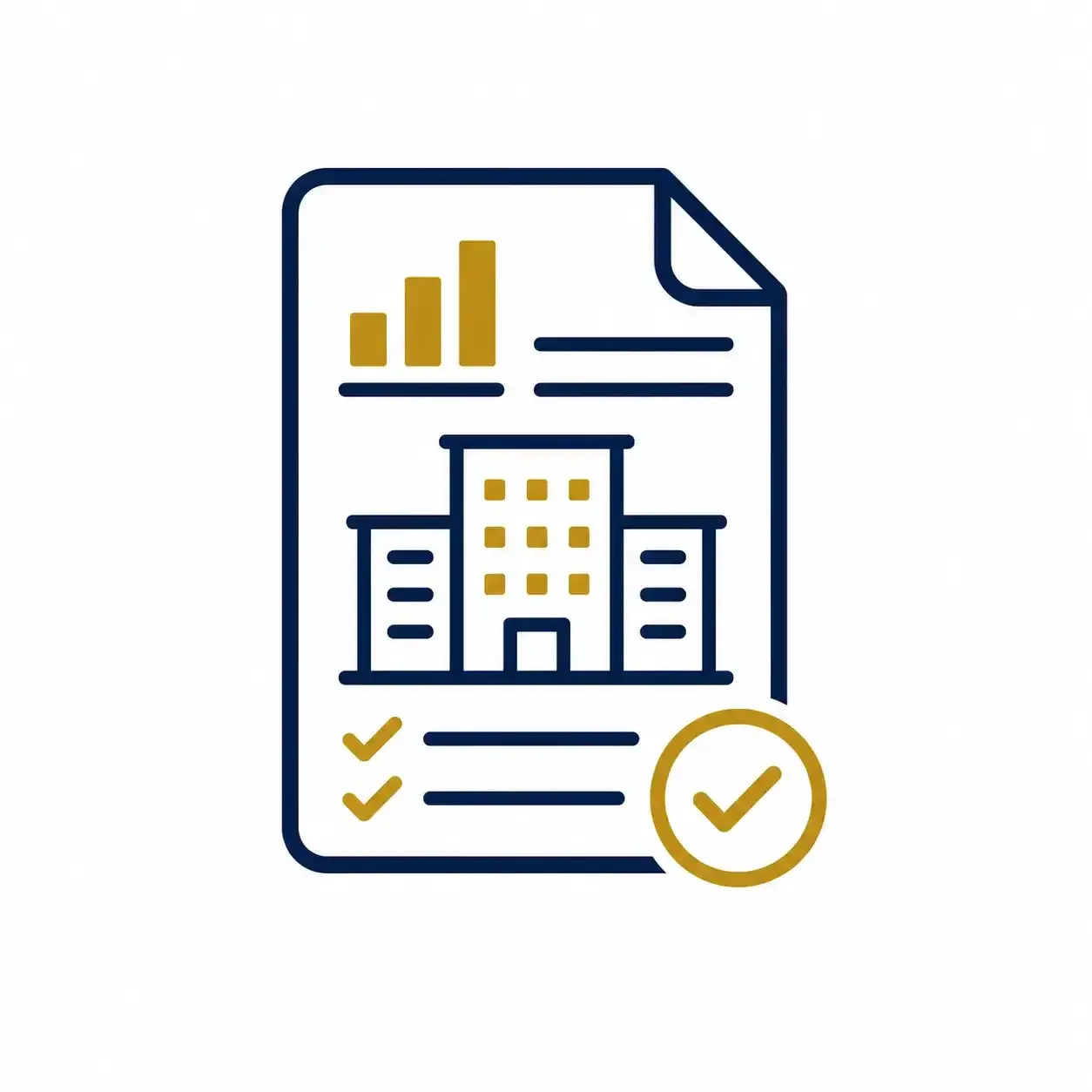Corporate accounting icon with office building, financial report and compliance checkmark