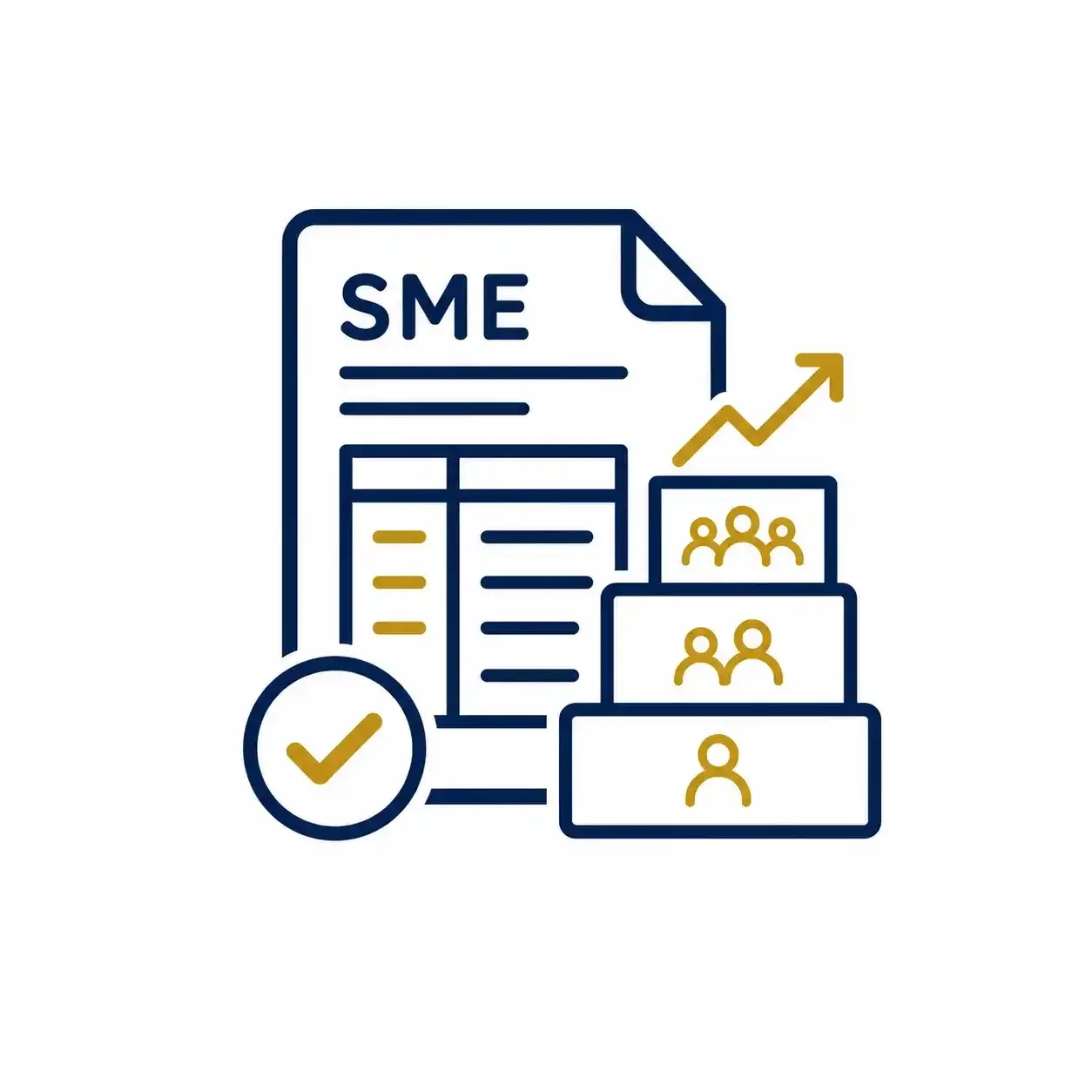 SME business icon with financial records, team growth and approval checkmark