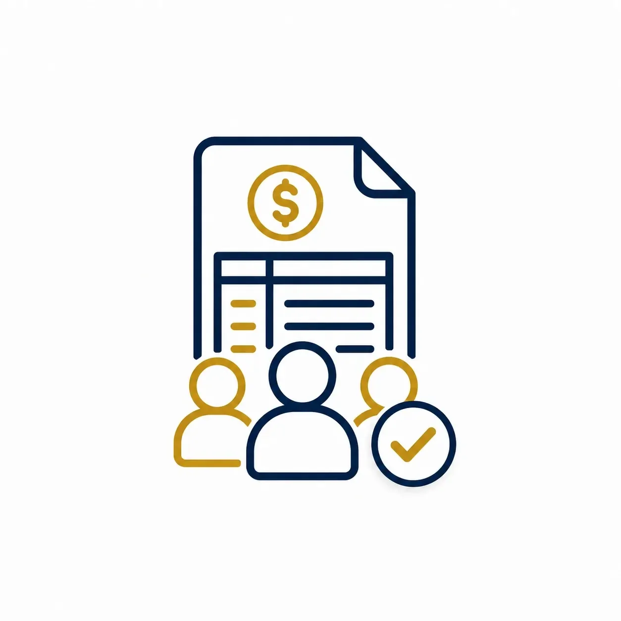 Line drawing of a document with a dollar sign, three people icons, and a checkmark for payroll support.