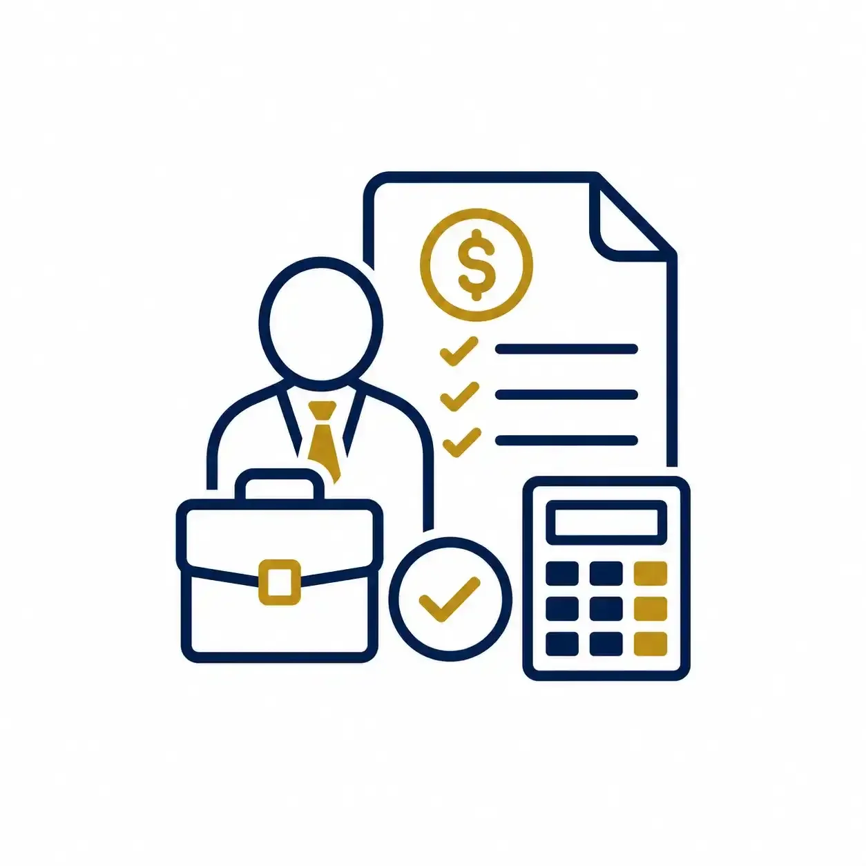 Professional consultant icon with financial document, briefcase, calculator and approval checkmark