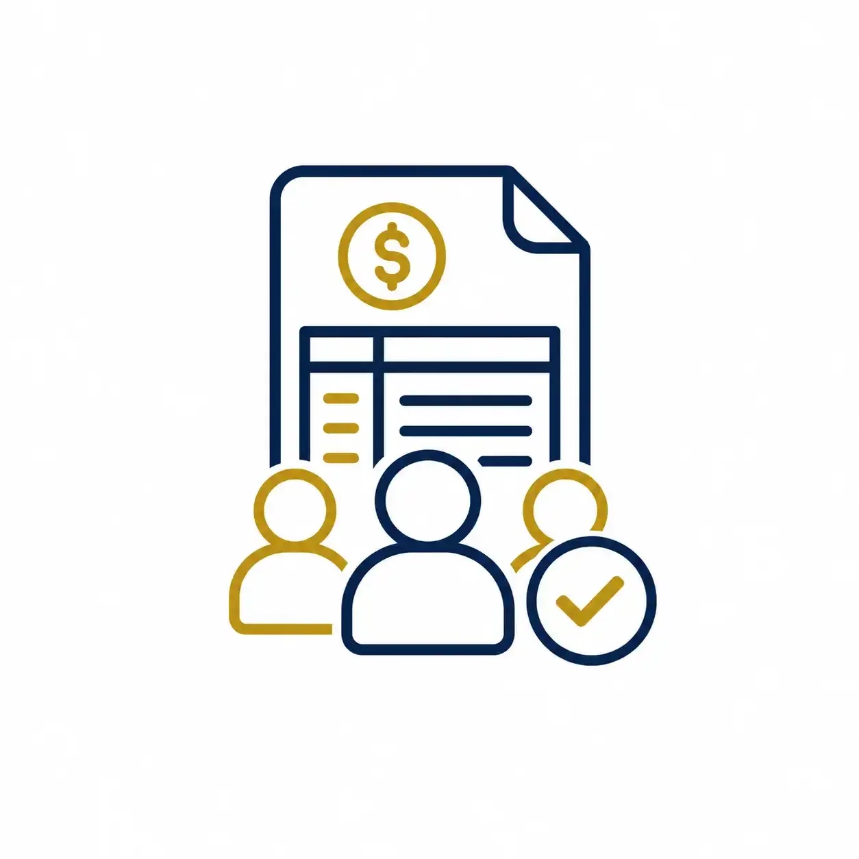 Accounting and financial management icon with financial document, people and approval checkmark
