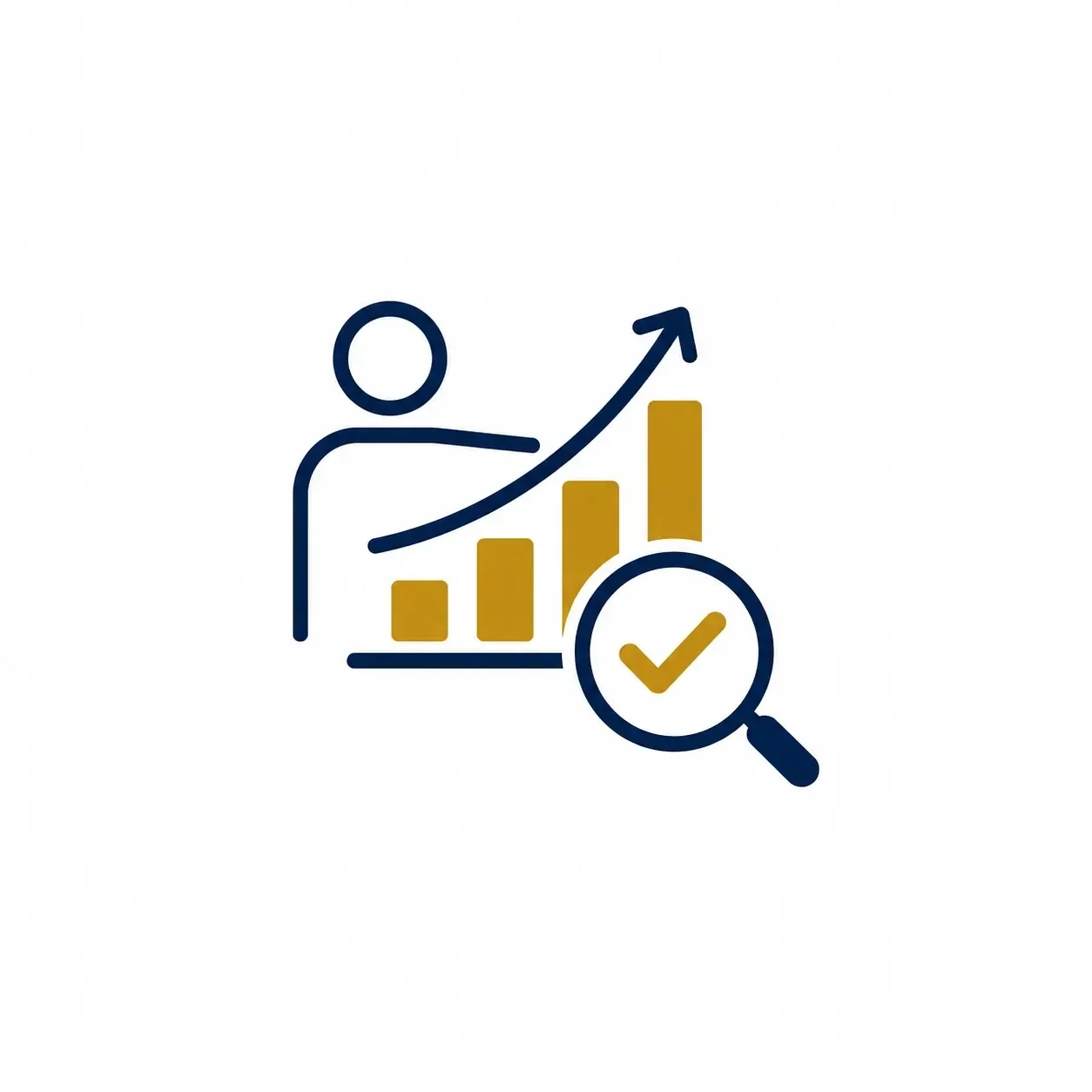A line graph with an upward trend, a bar chart with increasing bars, and a magnifying glass with a checkmark, representing growth and analysis for business advisory.