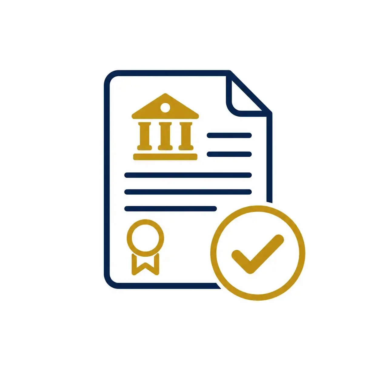 Business support icon with government document, certification seal and approval checkmark
