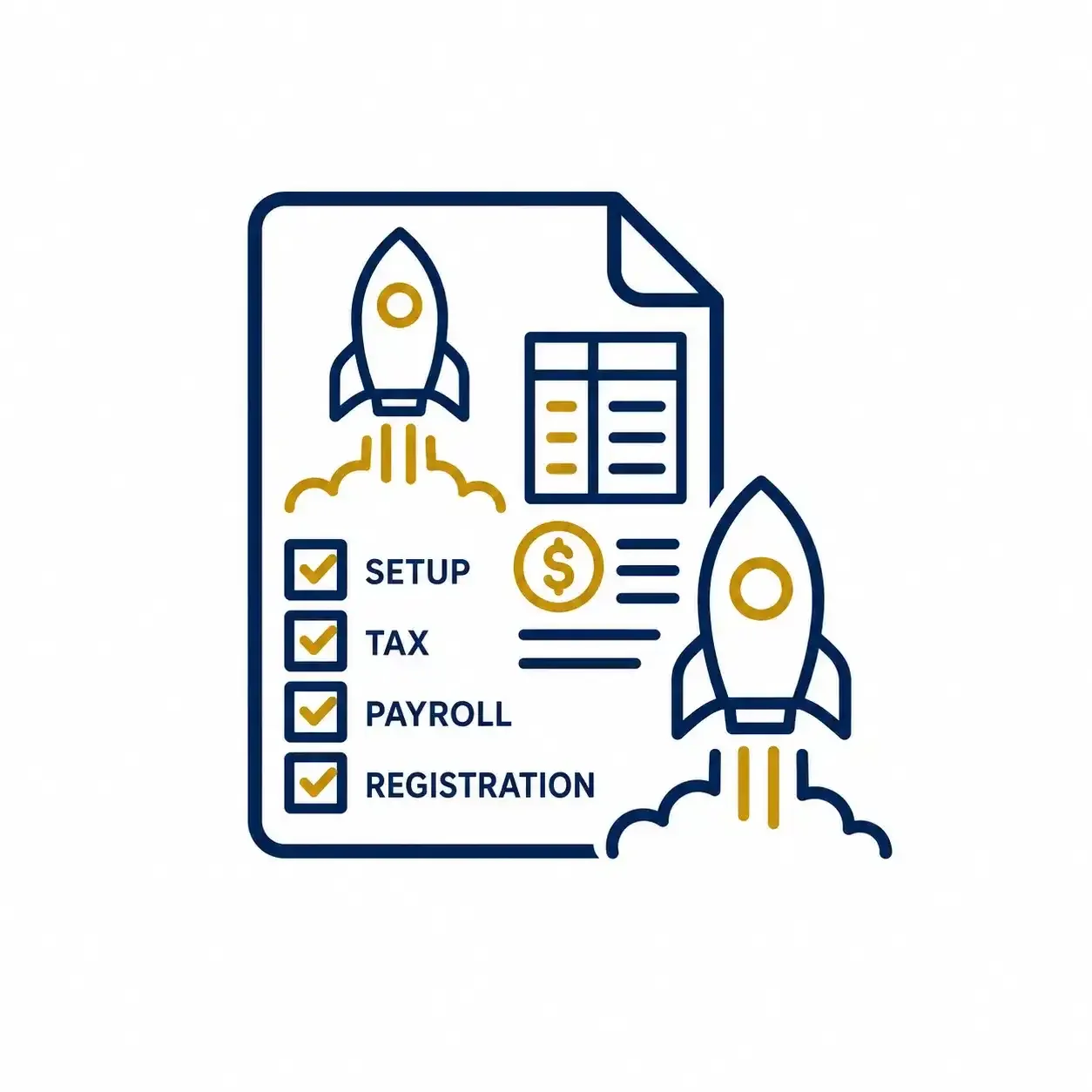 Startup business icon with rocket, financial document, tax, payroll and registration checklist