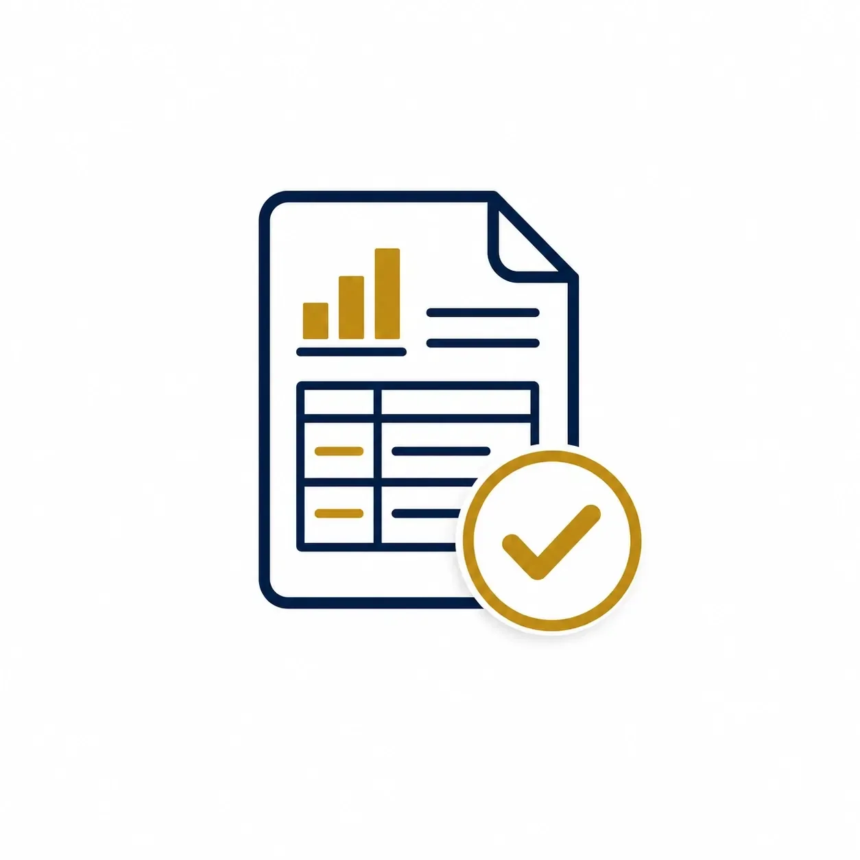 Document icon with a chart, text, and a checkmark symbol indicating approval or completion of accounting and bookkeeping services.