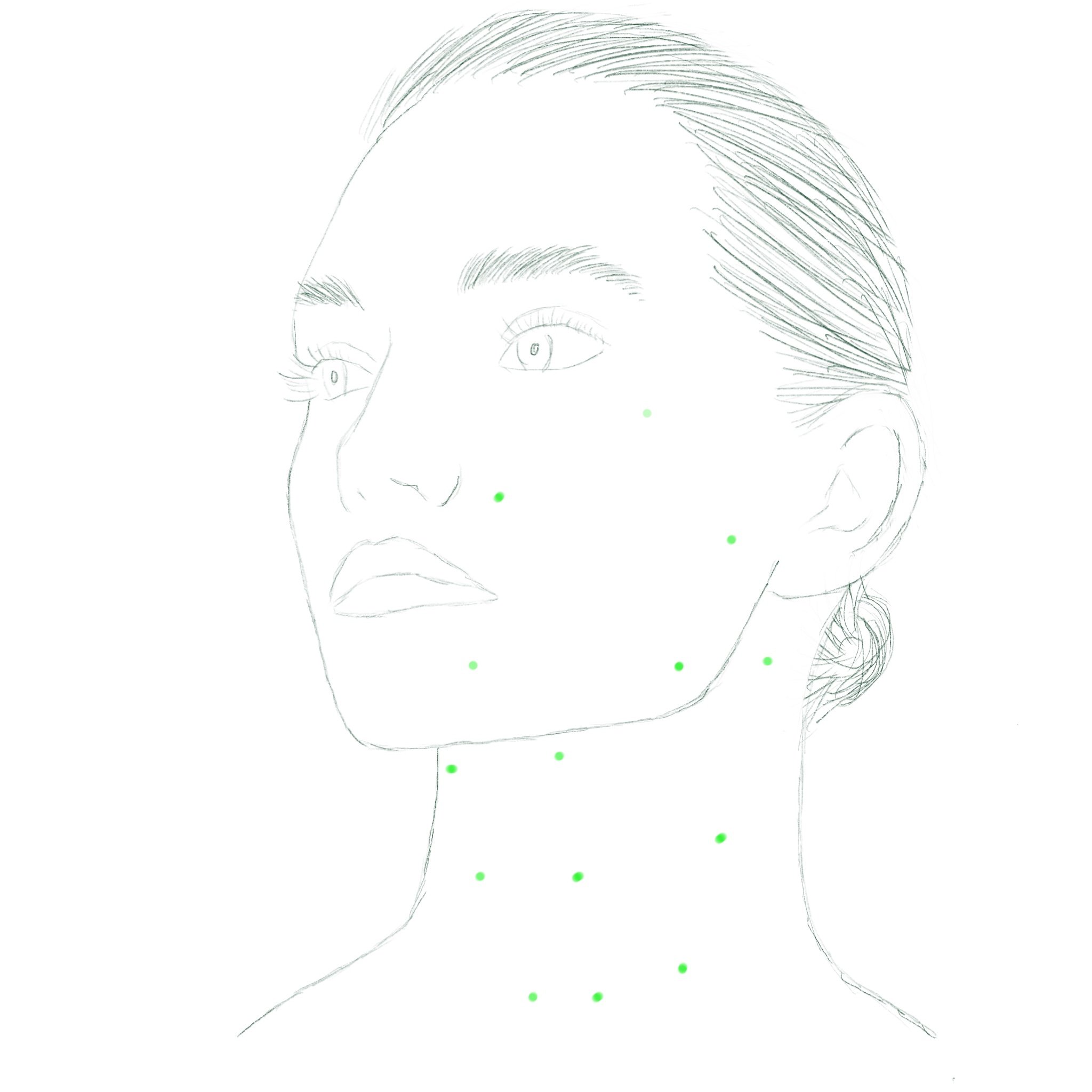 Line drawing of a woman's face and neck with green dots on her face and neck, indicating acupuncture points.