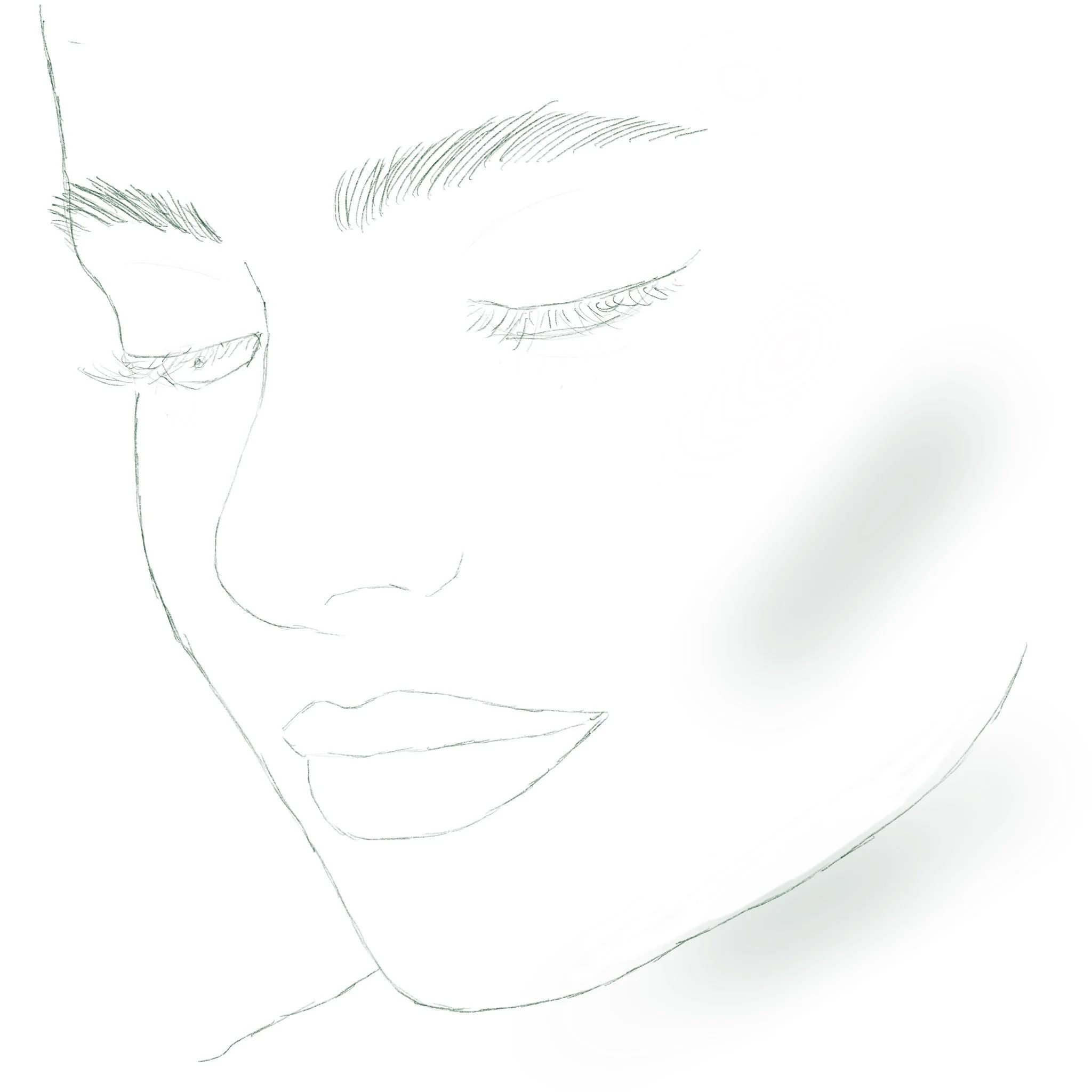 Minimalist line drawing of a woman's face with closed eyes, detailed eyelashes, eyebrows, and lips, with soft shading on the cheeks.