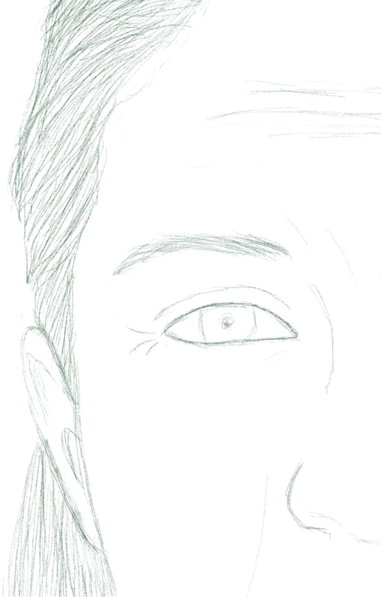 A close-up pencil sketch of a person's face, focusing on the eye and hair, with some facial features and hair details.