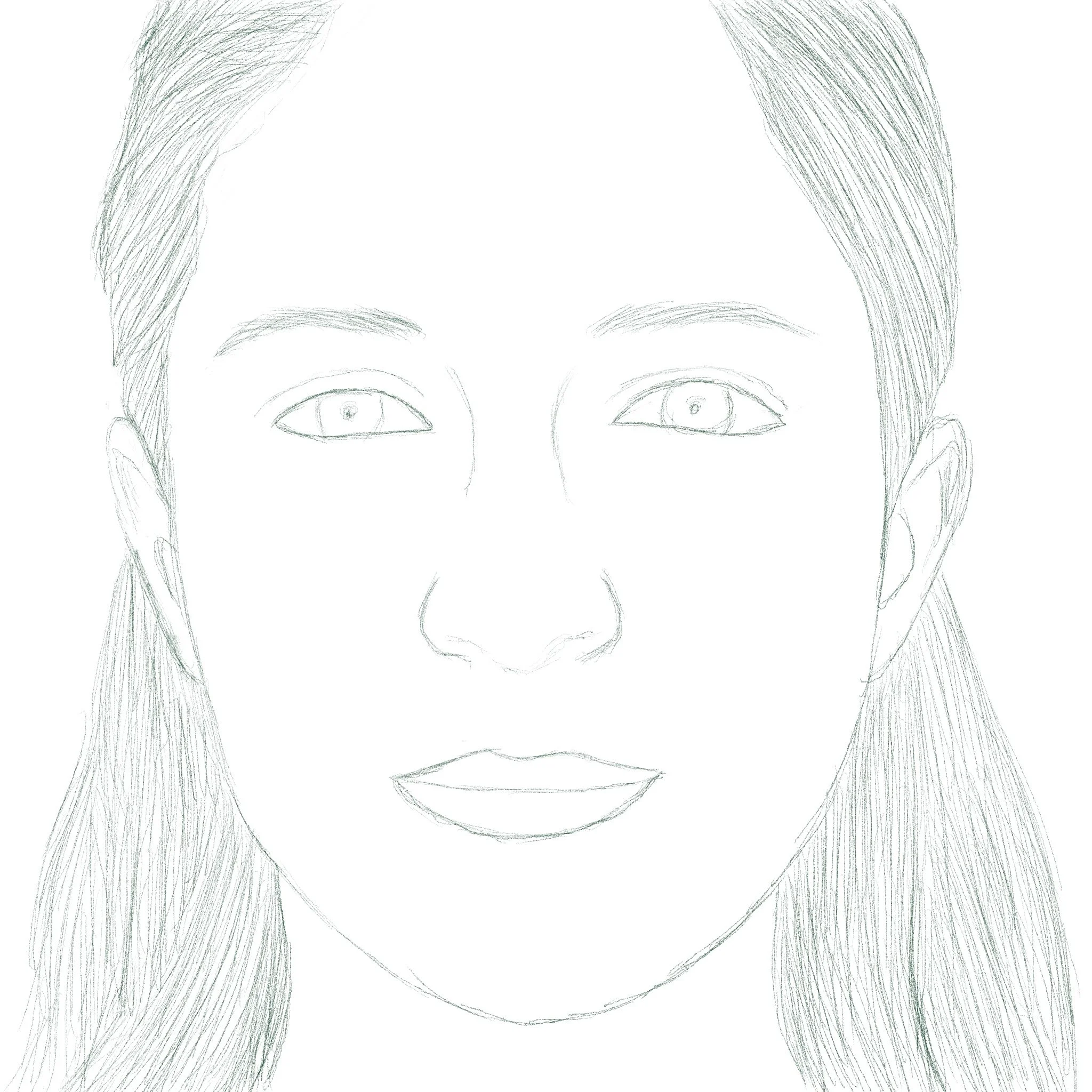 A minimalist line drawing of a woman's face with long hair, almond-shaped eyes, and full lips.