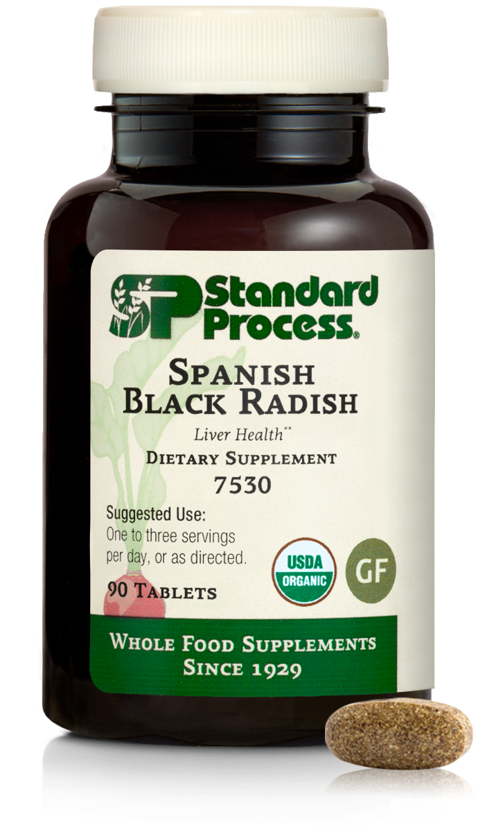 Bottle of Standard Process Spanish Black Radish dietary supplement with one tablet in front of it.