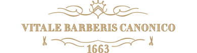 Logo with text 'VITALE BARBERI CANONICO 1663' and decorative elements.