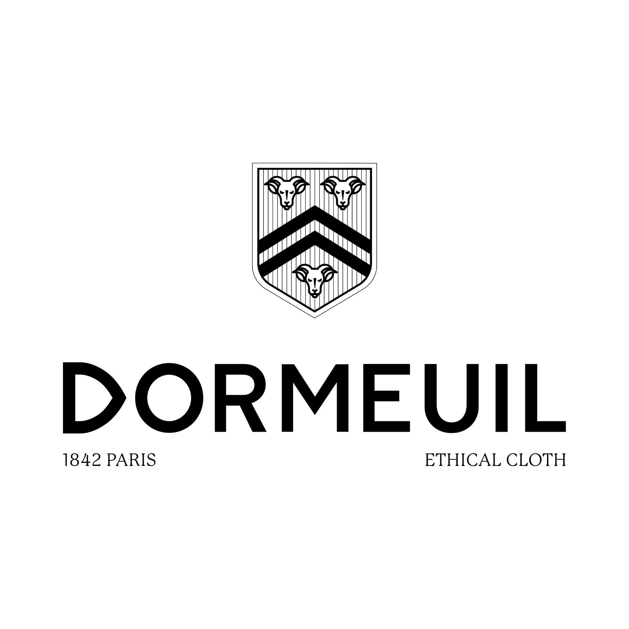 A black and white logo for Domaine Dormeuil, a provider of ethical clothing from Paris established in 1842, featuring a crest with three ram heads and chevron patterns.