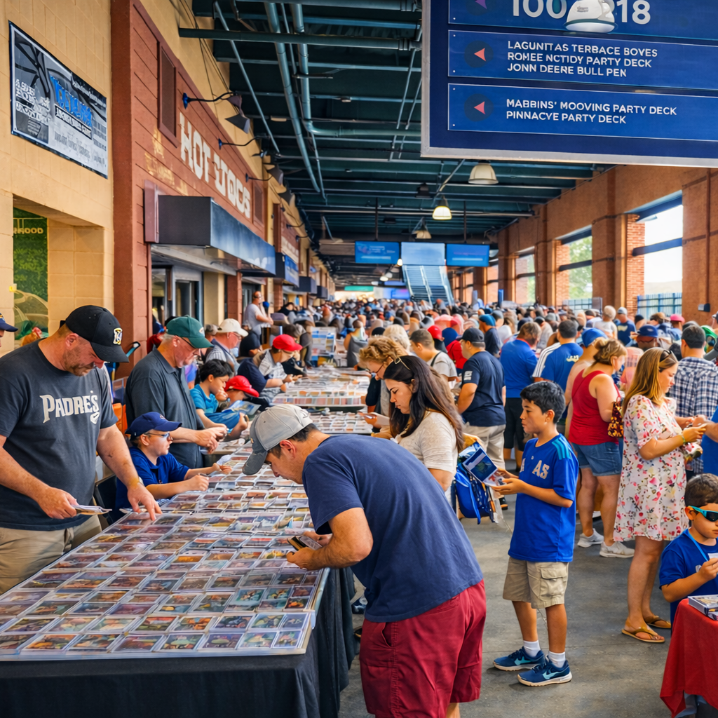 A crowded indoor venue with many people browsing and buying sports cards at tables, posing for photos, or reading items. The ceiling has hanging lights and signs with descriptions of events or sections.