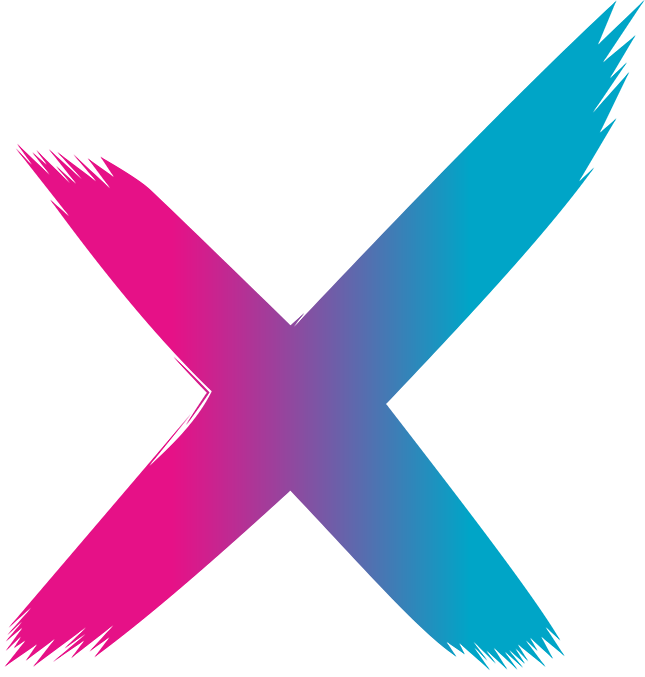 A colorful, abstract geometric logo with pink, blue, and purple gradient elements and a black background.