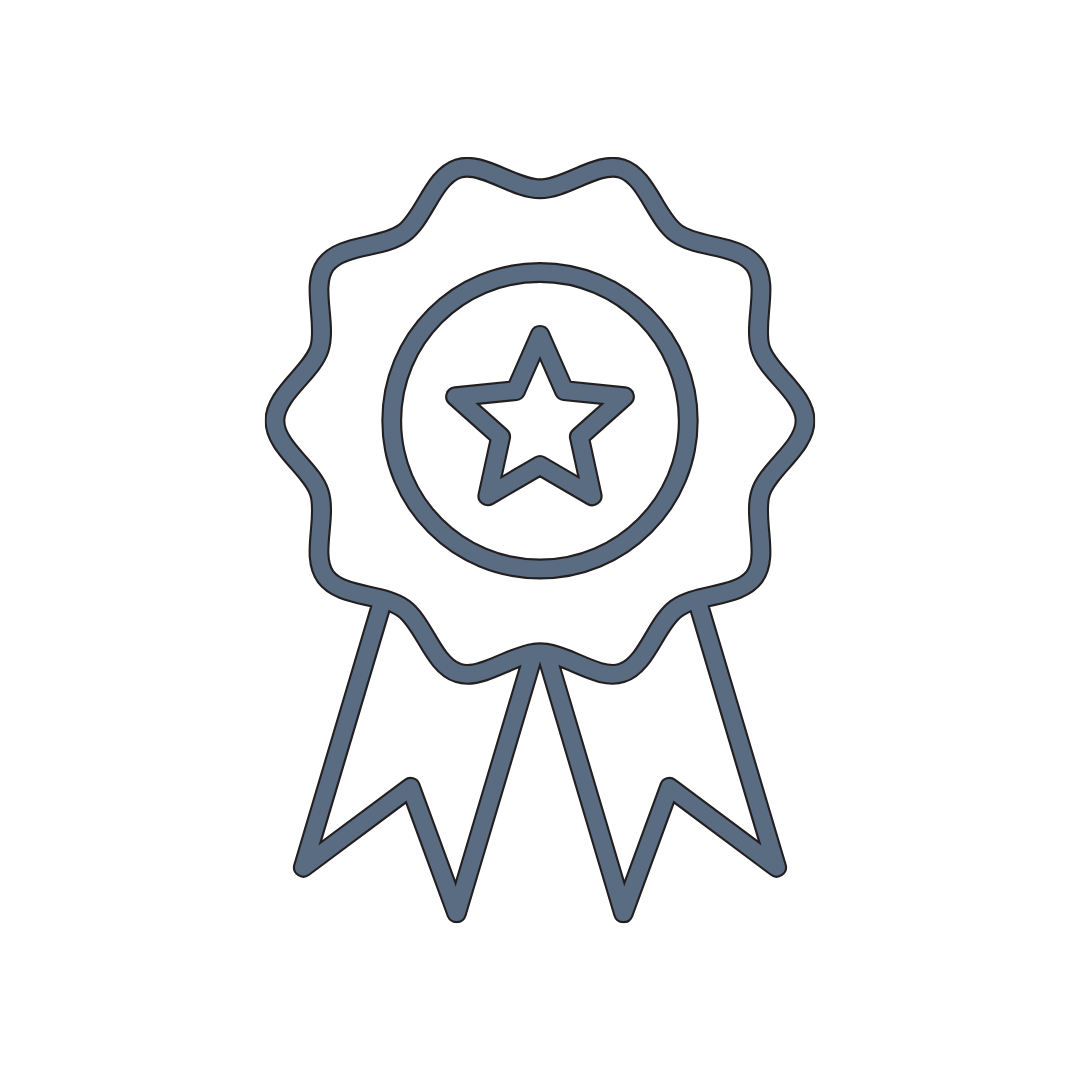Outline icon of a medal or award ribbon with a star in the center on a black background.
