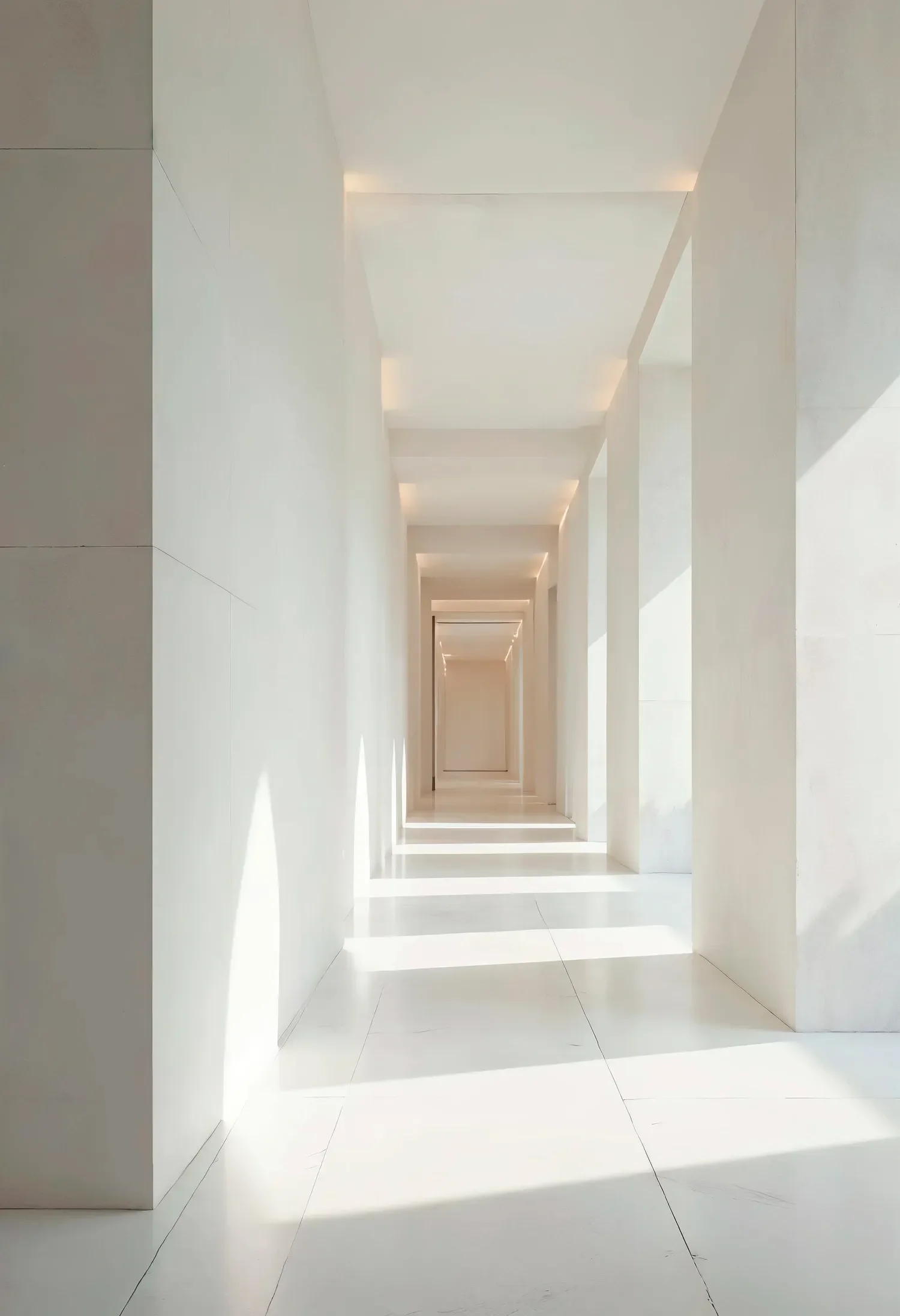 A minimalist corridor with white walls, ceiling, and floor, illuminated by soft lighting and natural sunlight.