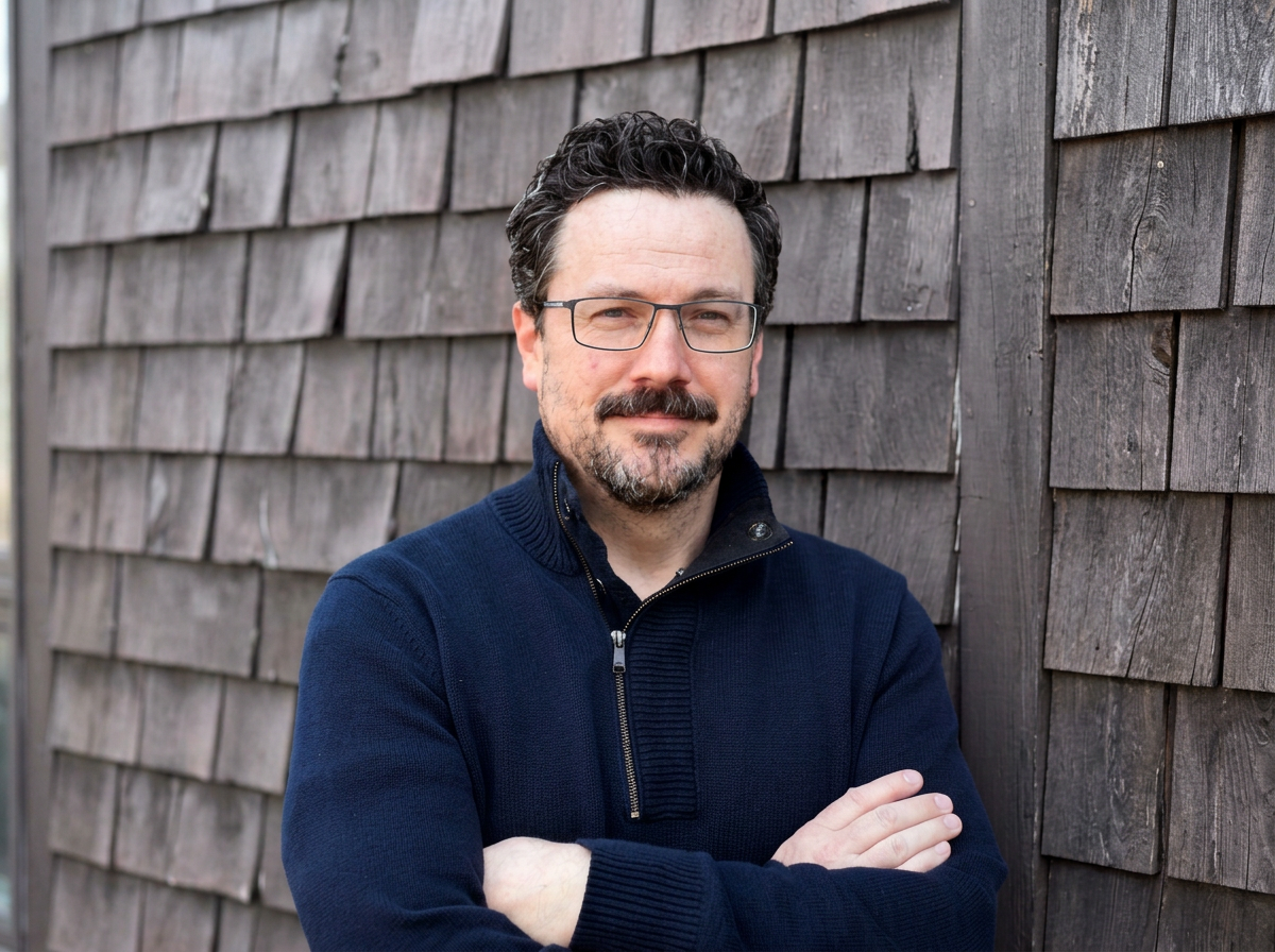 Dr. Christopher Rutt with glasses and a beard standing with crossed arms in front of a wooden shingle wall, wearing a navy blue jacket.