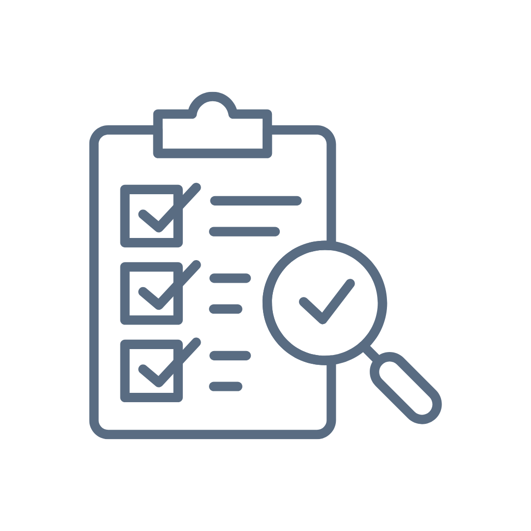 Outline of a clipboard with checkboxes and a magnifying glass examining one, symbolizing a review or inspection process.