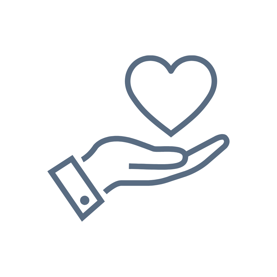 Outline illustration of a hand with a cuff, holding a heart.