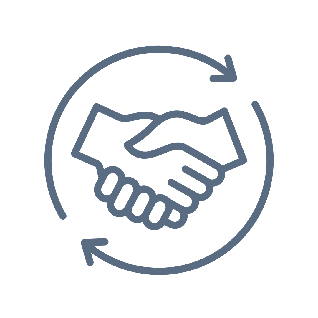 Illustration of a handshake enclosed within a circle with arrows, symbolizing cooperation or exchange.