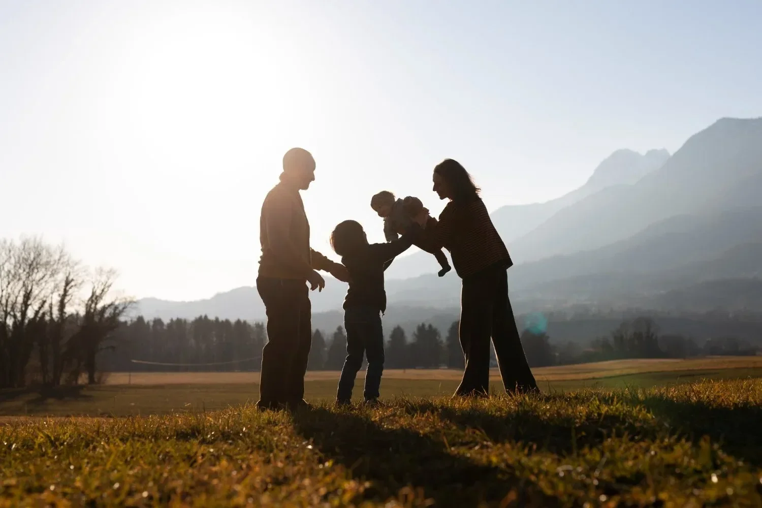 Silhouettes of a family holding hands and playing outdoors on a grassy field with mountains in the background during sunset.