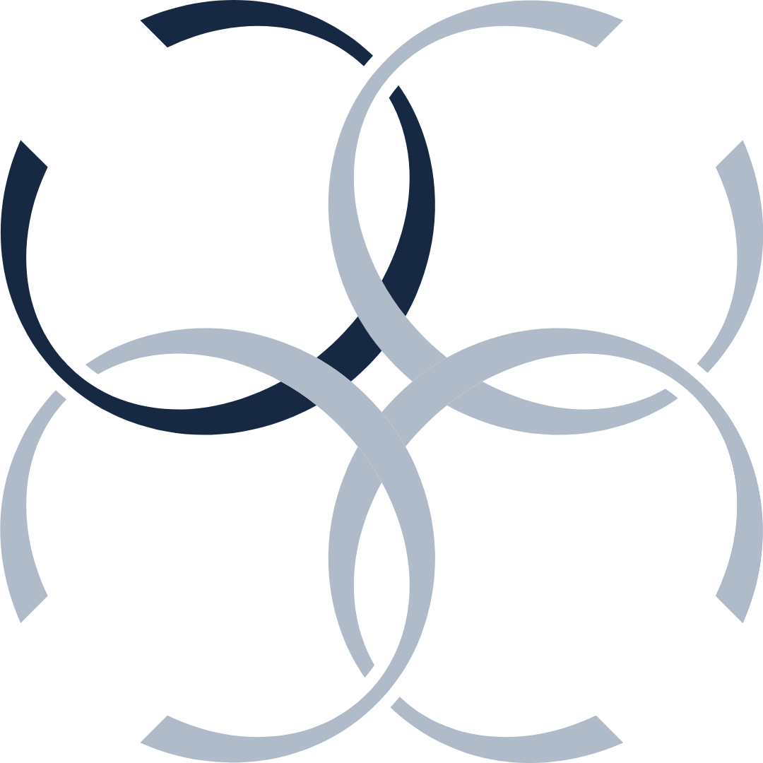 Interlocking gray and navy blue circular designs on a black background.