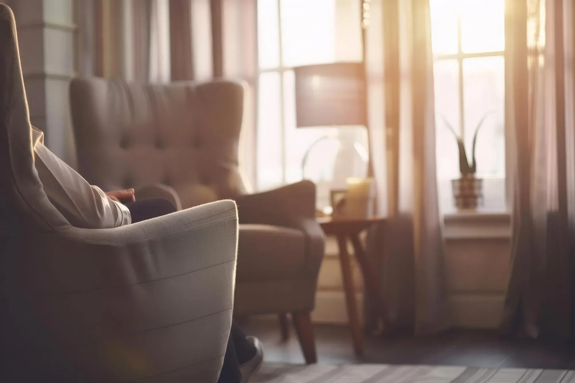 Sunlight filters through large windows illuminating a cozy living room with comfortable armchairs and a potted plant.