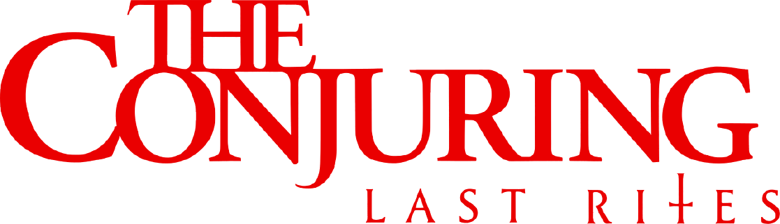 Title of the movie 'The Conjuring: Last Rites' in red text with a cross symbol, against a black background.