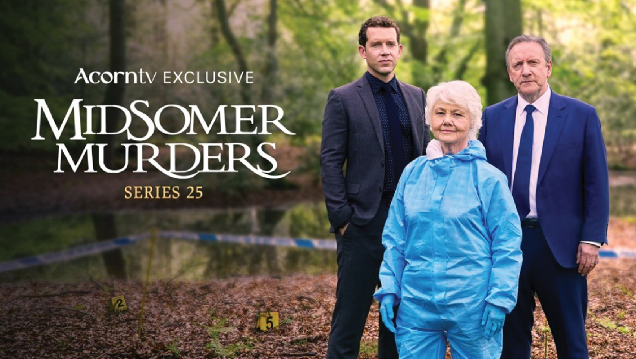 Three adults standing in a wooded outdoor area with evidence markers and police tape, possibly investigating a crime scene, with overlaid text for the TV series 'Midsomer Murders'.
